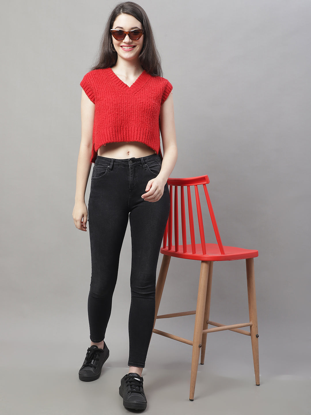 Women Red V Neck Sweater