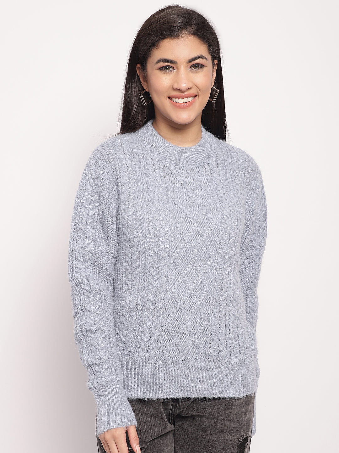 Women Light Blue Cable Knit Sweater