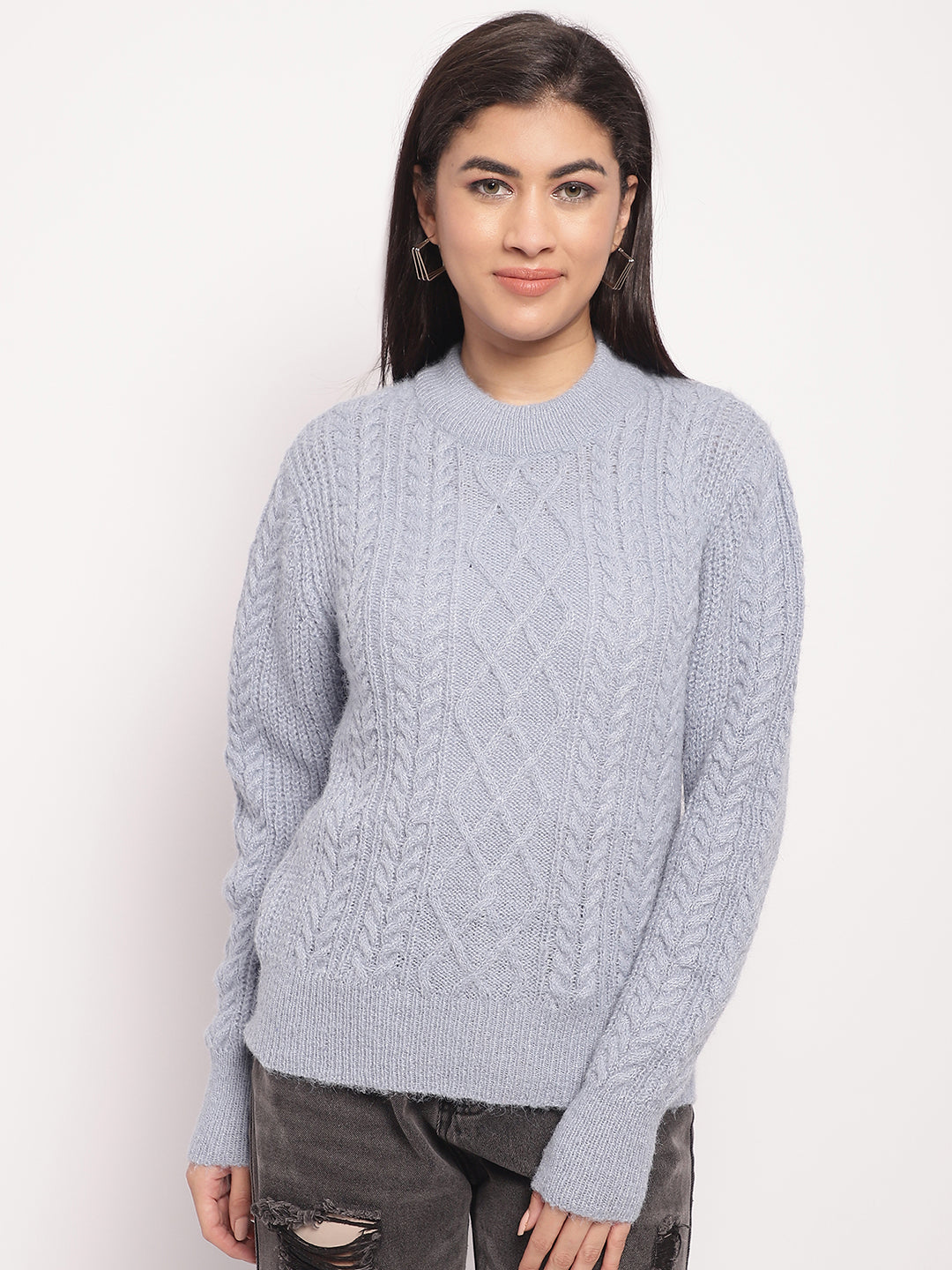 Women Light Blue Cable Knit Sweater