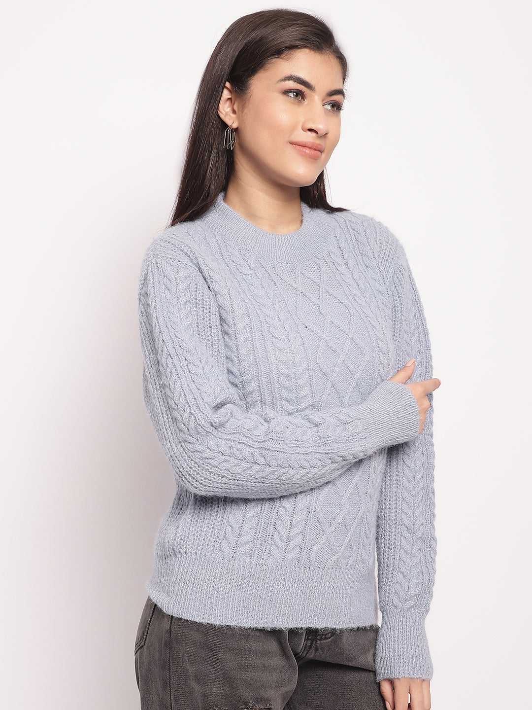 Women Light Blue Cable Knit Sweater