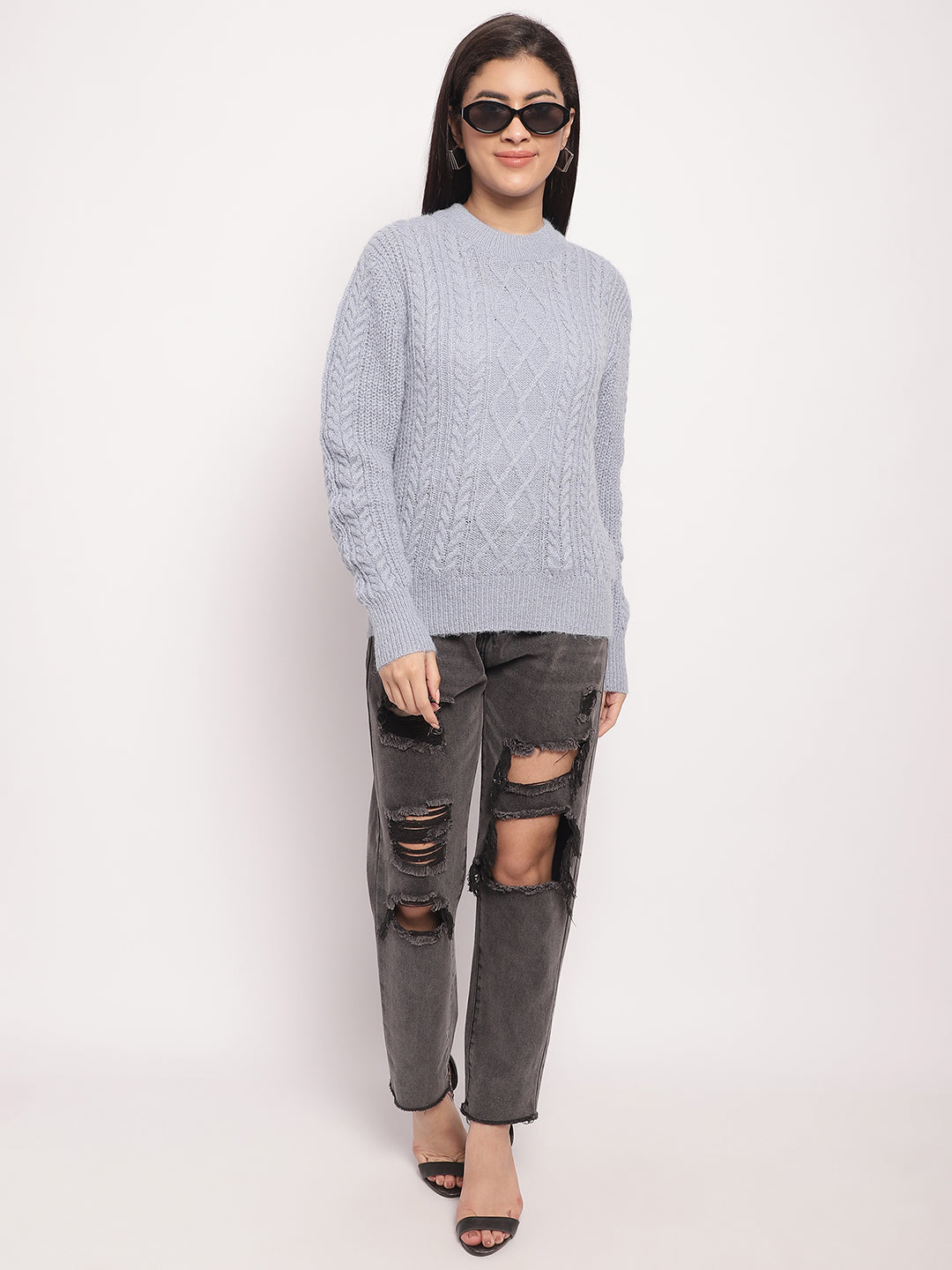 Women Light Blue Cable Knit Sweater