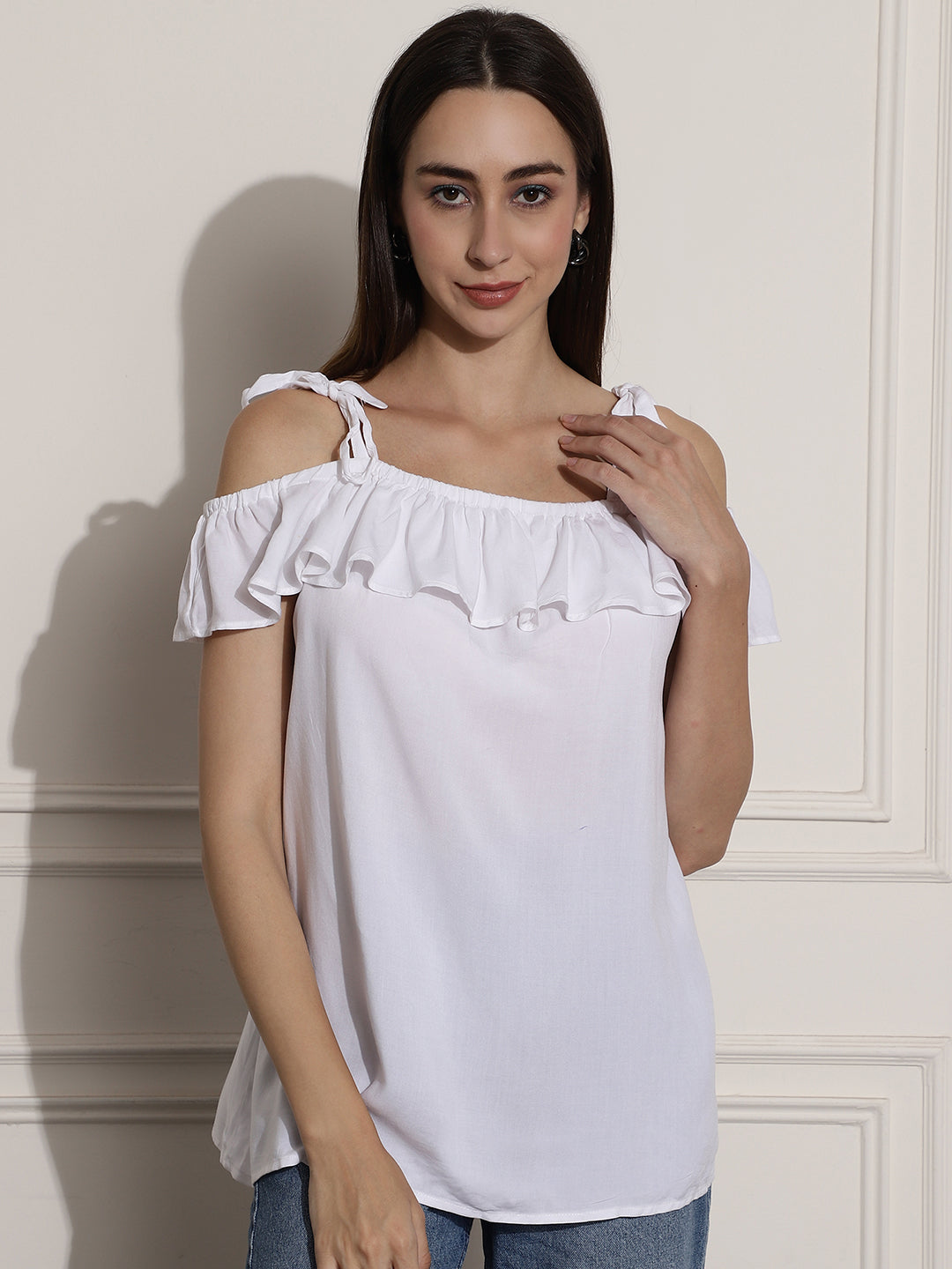 Women White Open Shoulder Top