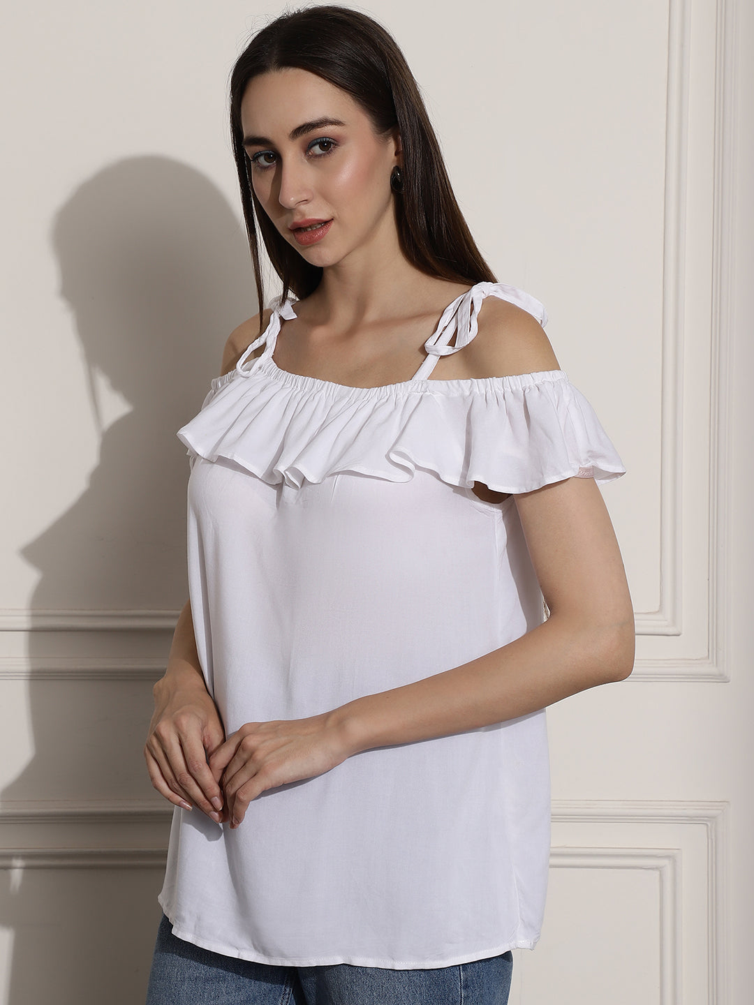 Women White Open Shoulder Top