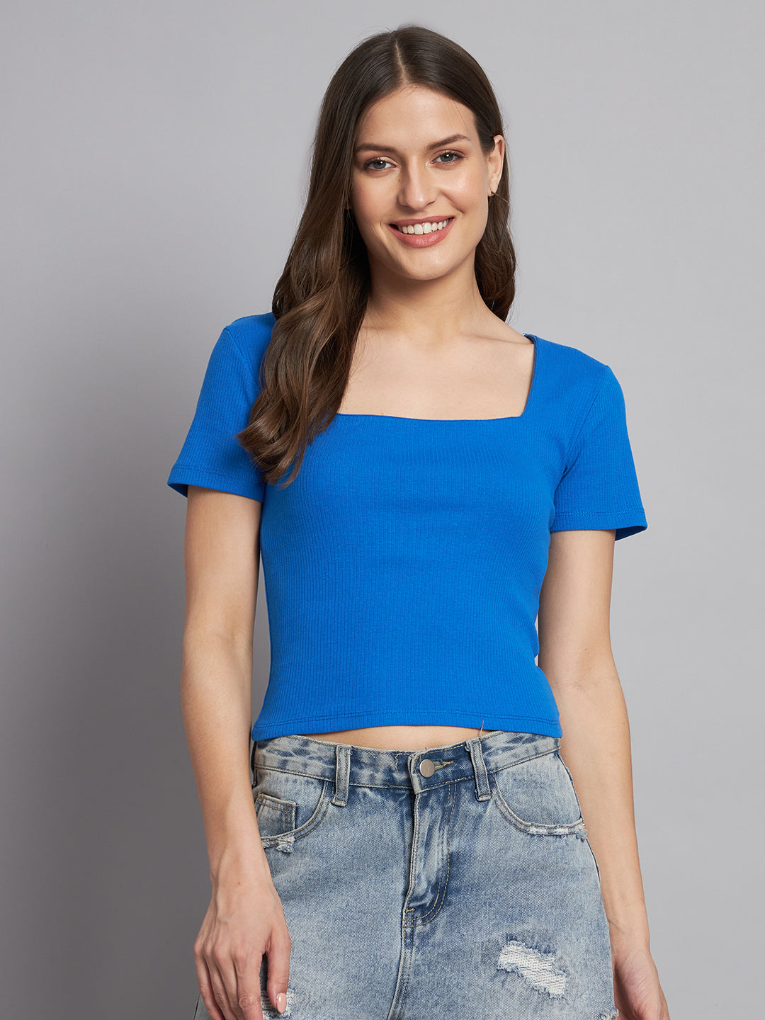 Women Blue Square Neck Top