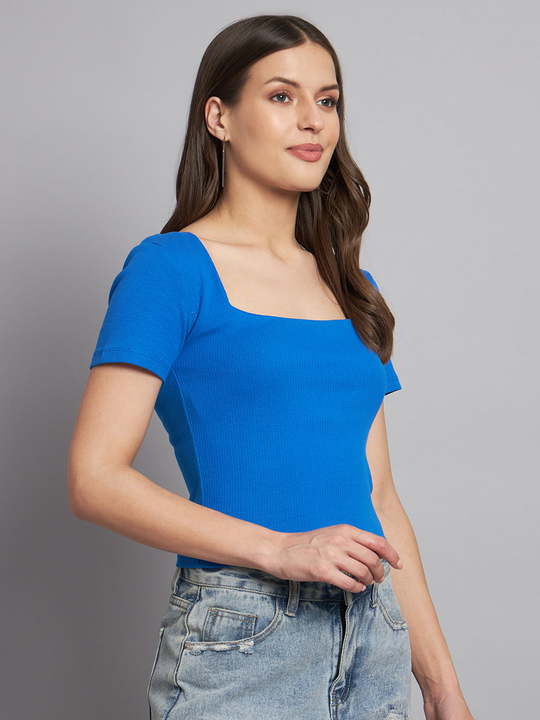 Women Blue Square Neck Top