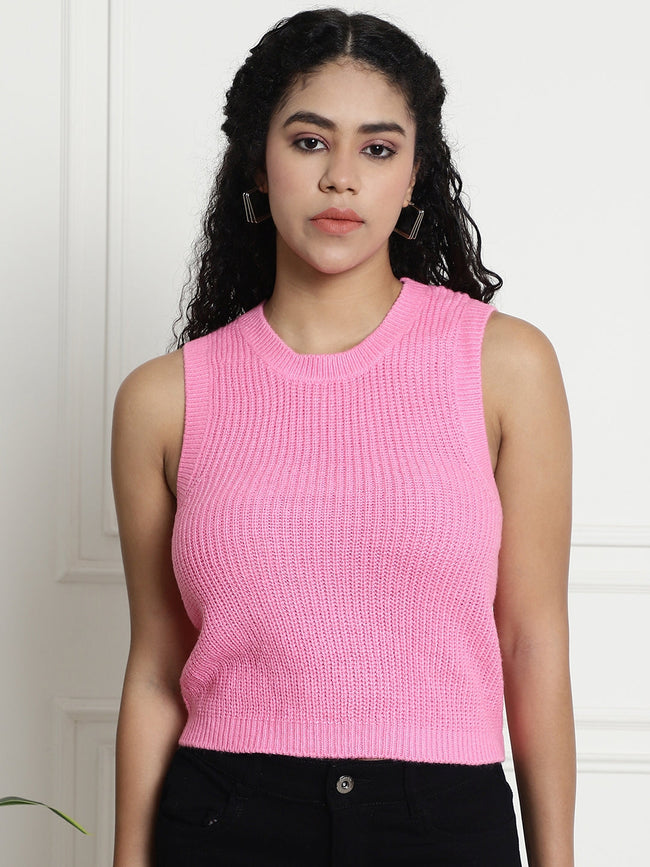 Women Pink Tie Up Round Neck Top