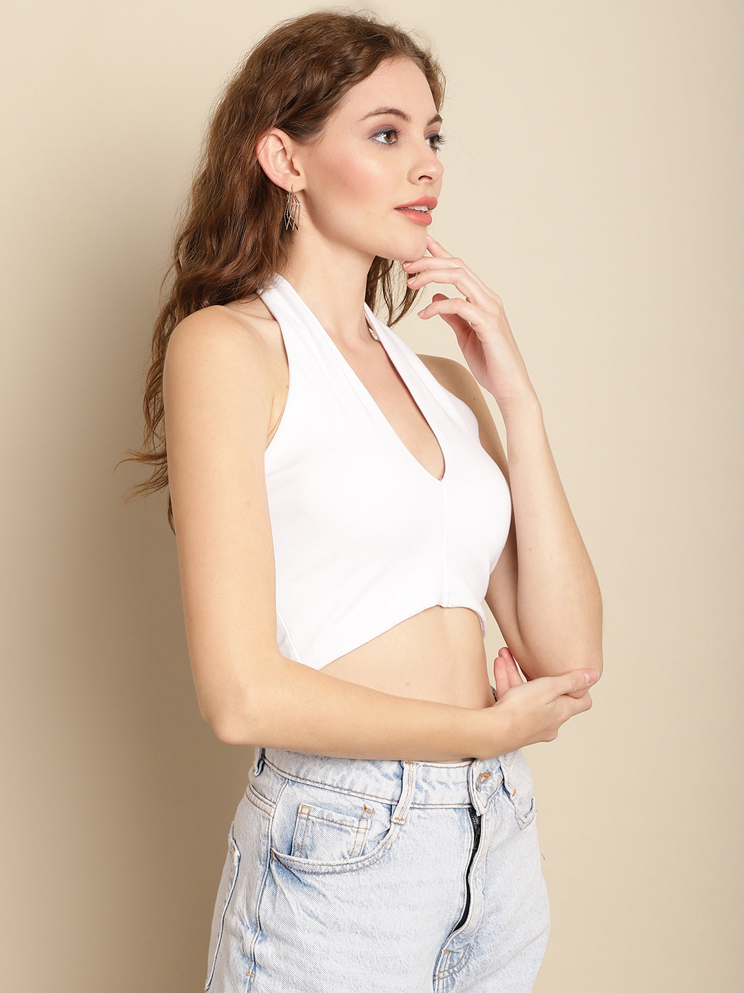 Women White Halter Neck Crop Top