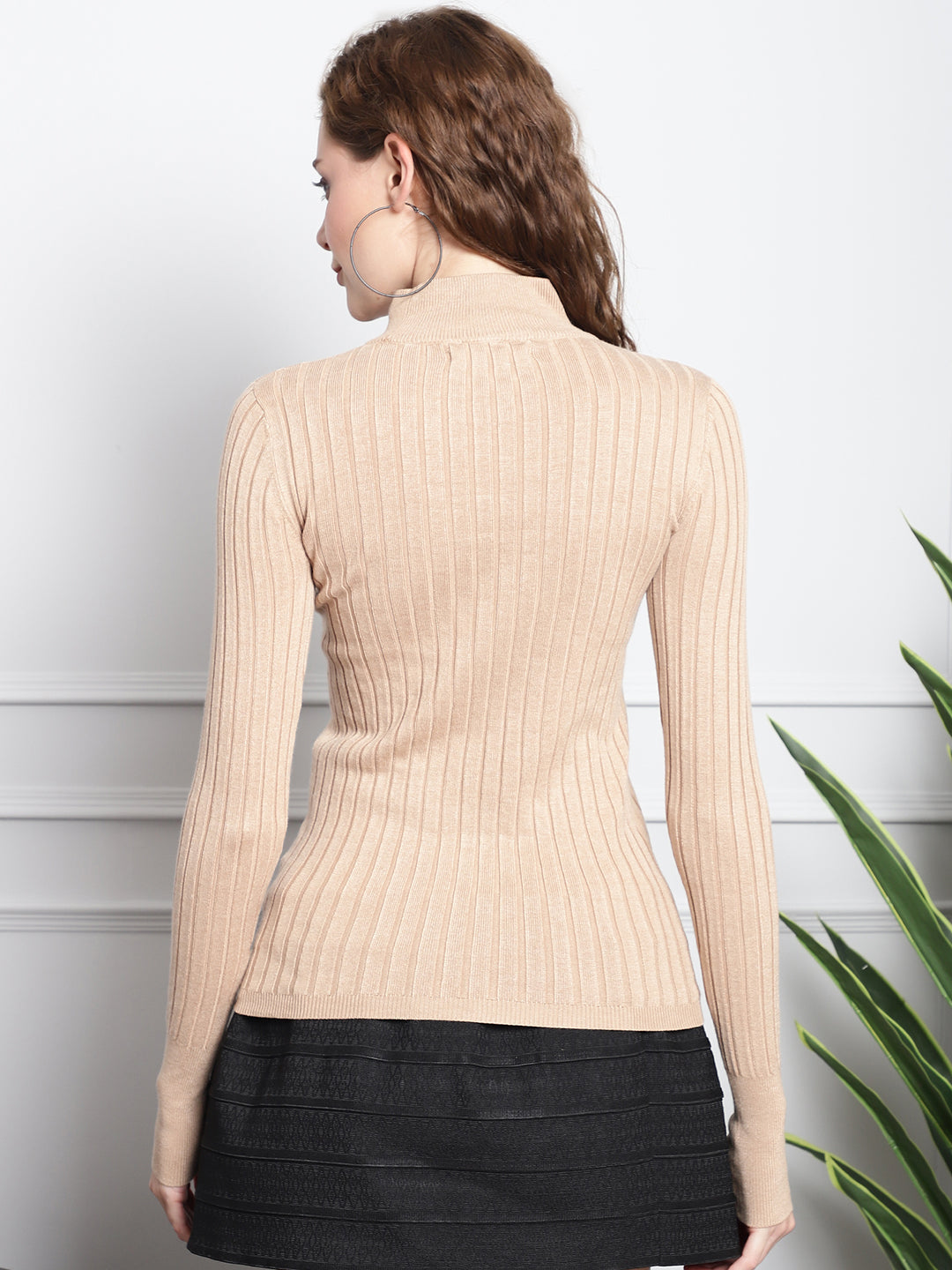 Women Brown Ribbed Turtleneck Sweater