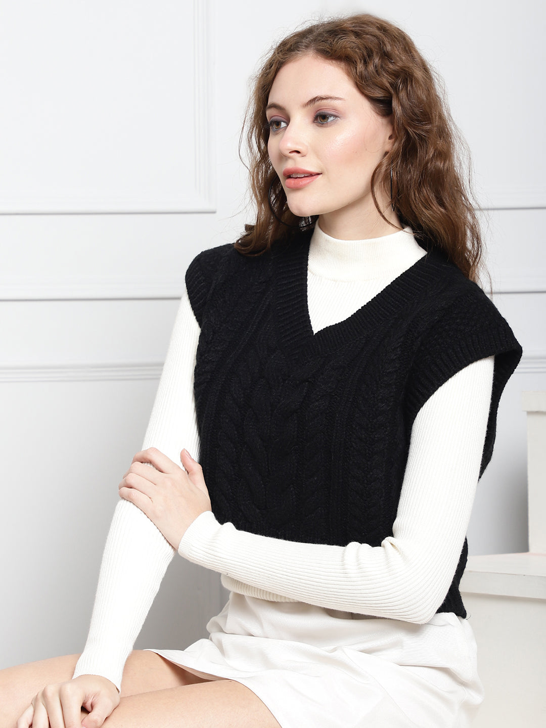 Women Black V Neck Sweater Vest