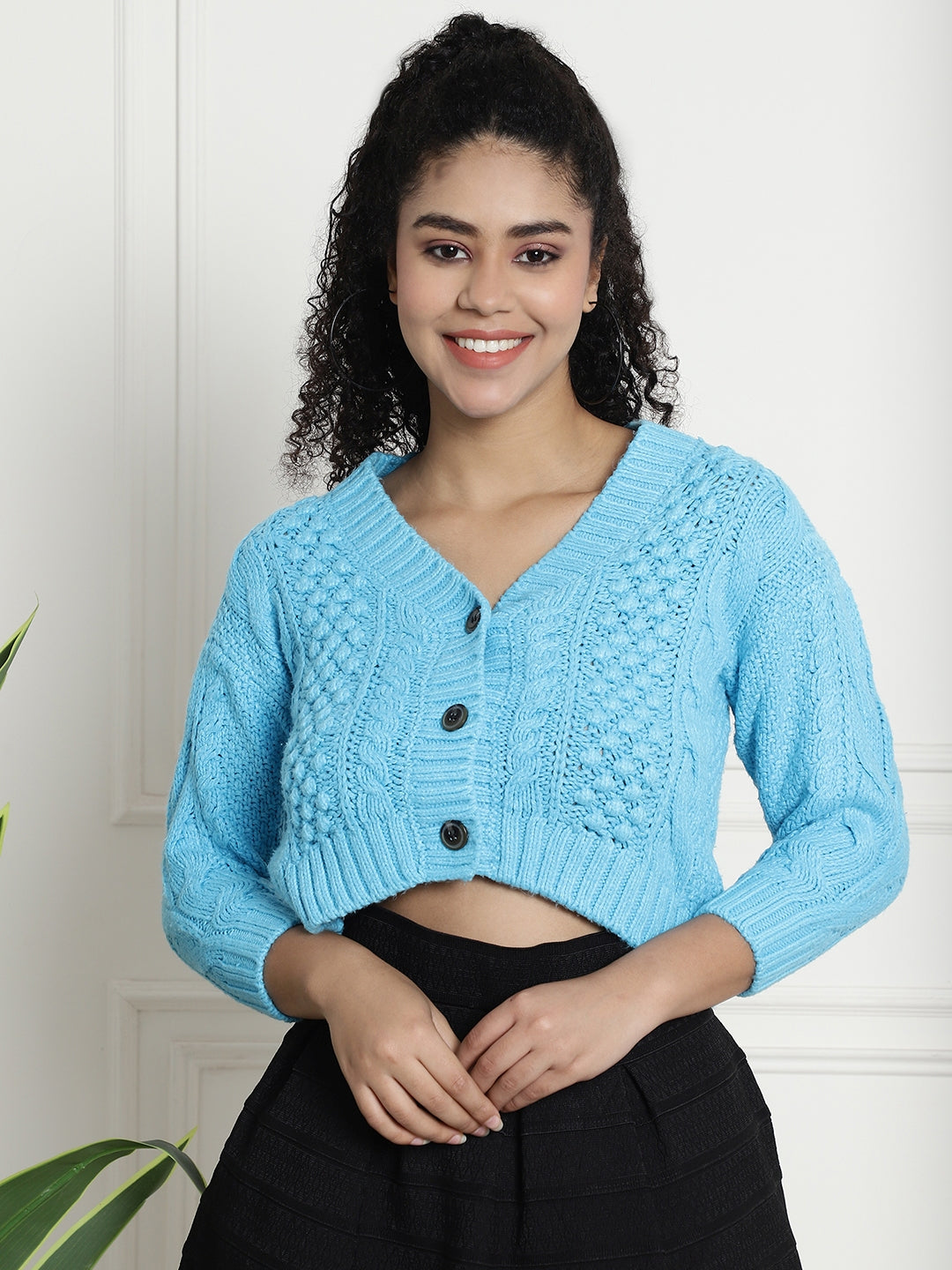 Women Blue Crop Cardigan