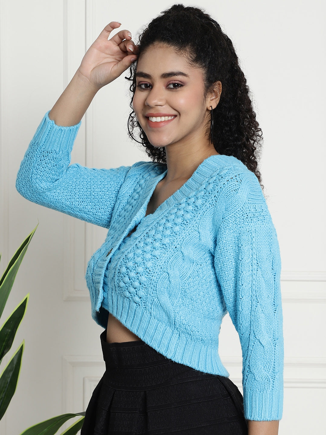 Women Blue Crop Cardigan