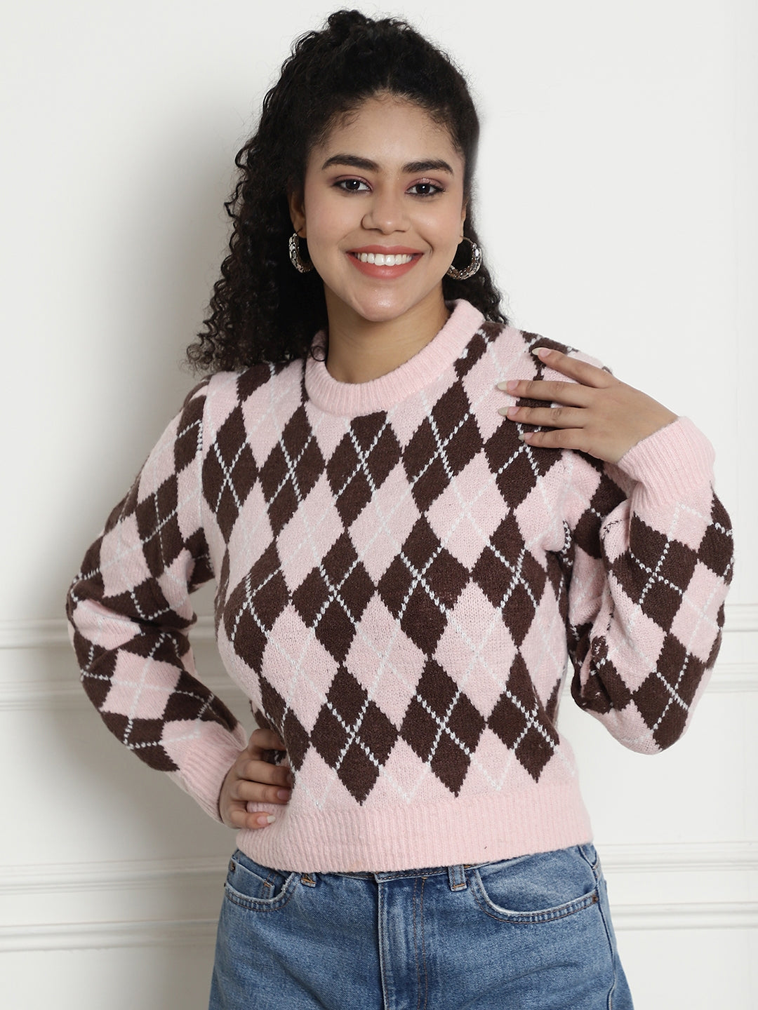 Women Pink Checkered Sweater