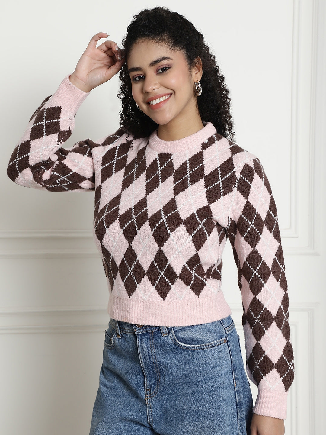 Women Pink Checkered Sweater