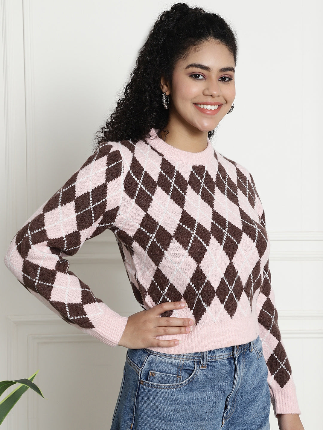 Women Pink Checkered Sweater