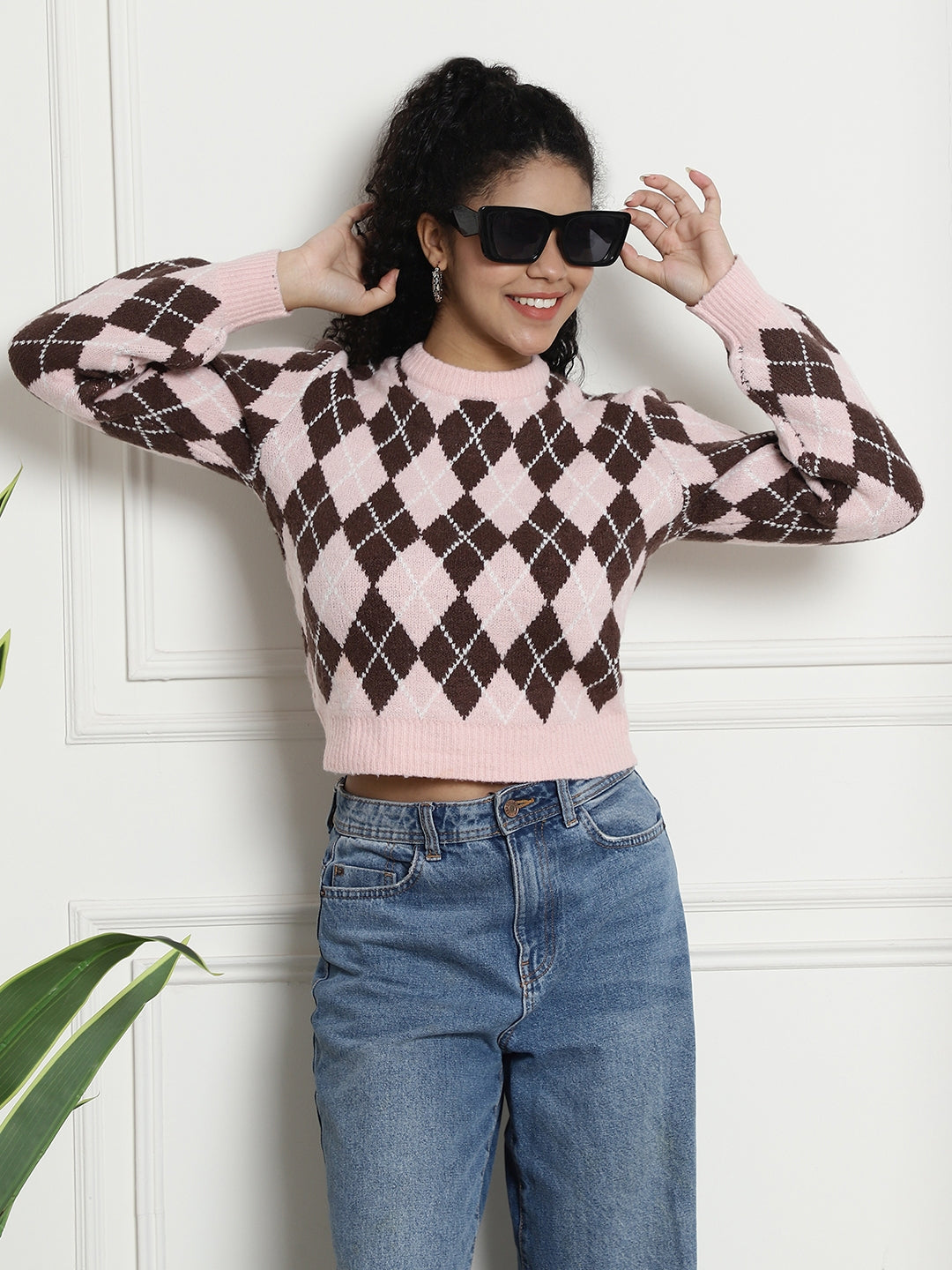 Women Pink Checkered Sweater