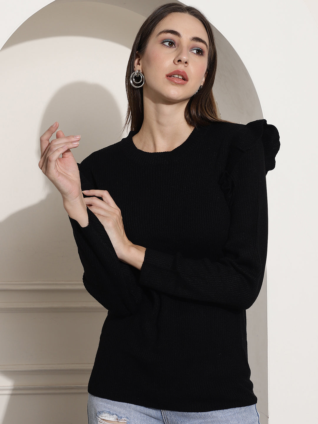 Women Black Ribbed Top With Frills