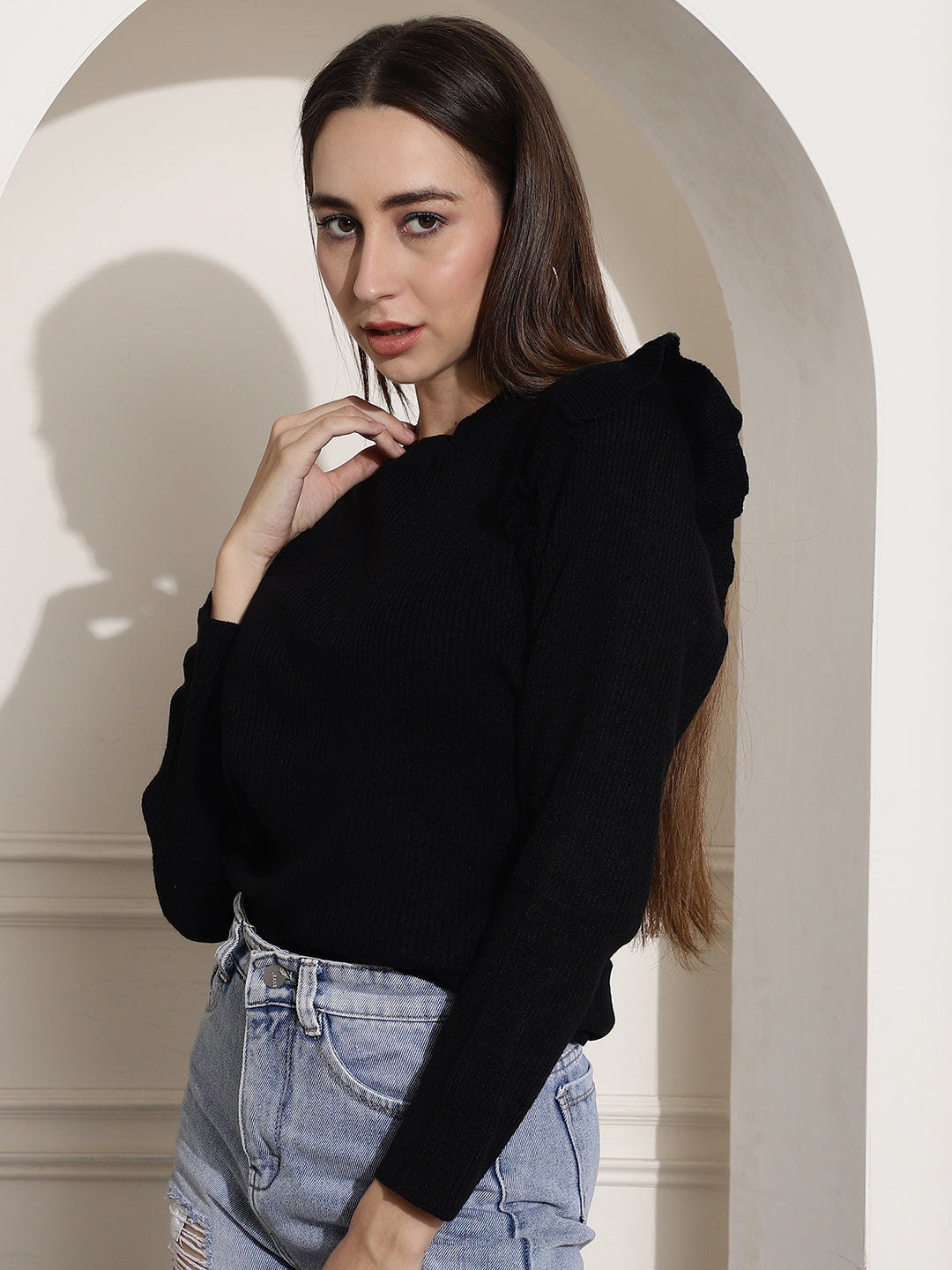 Women Black Ribbed Top With Frills