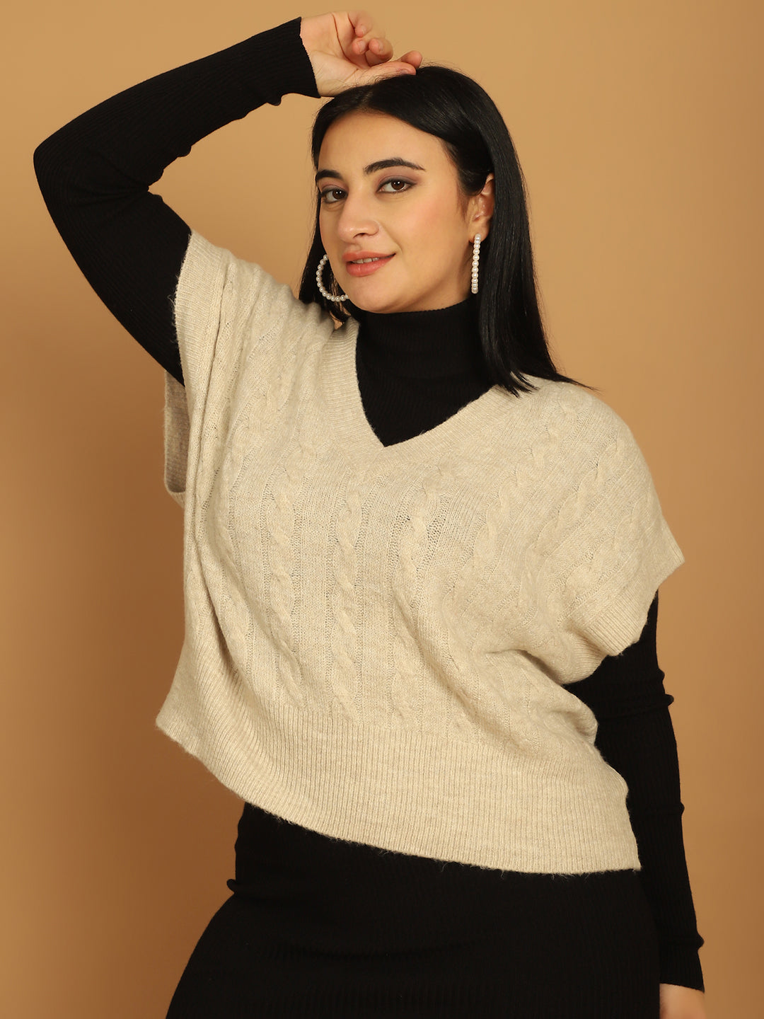 Women Beige V Neck Sweater