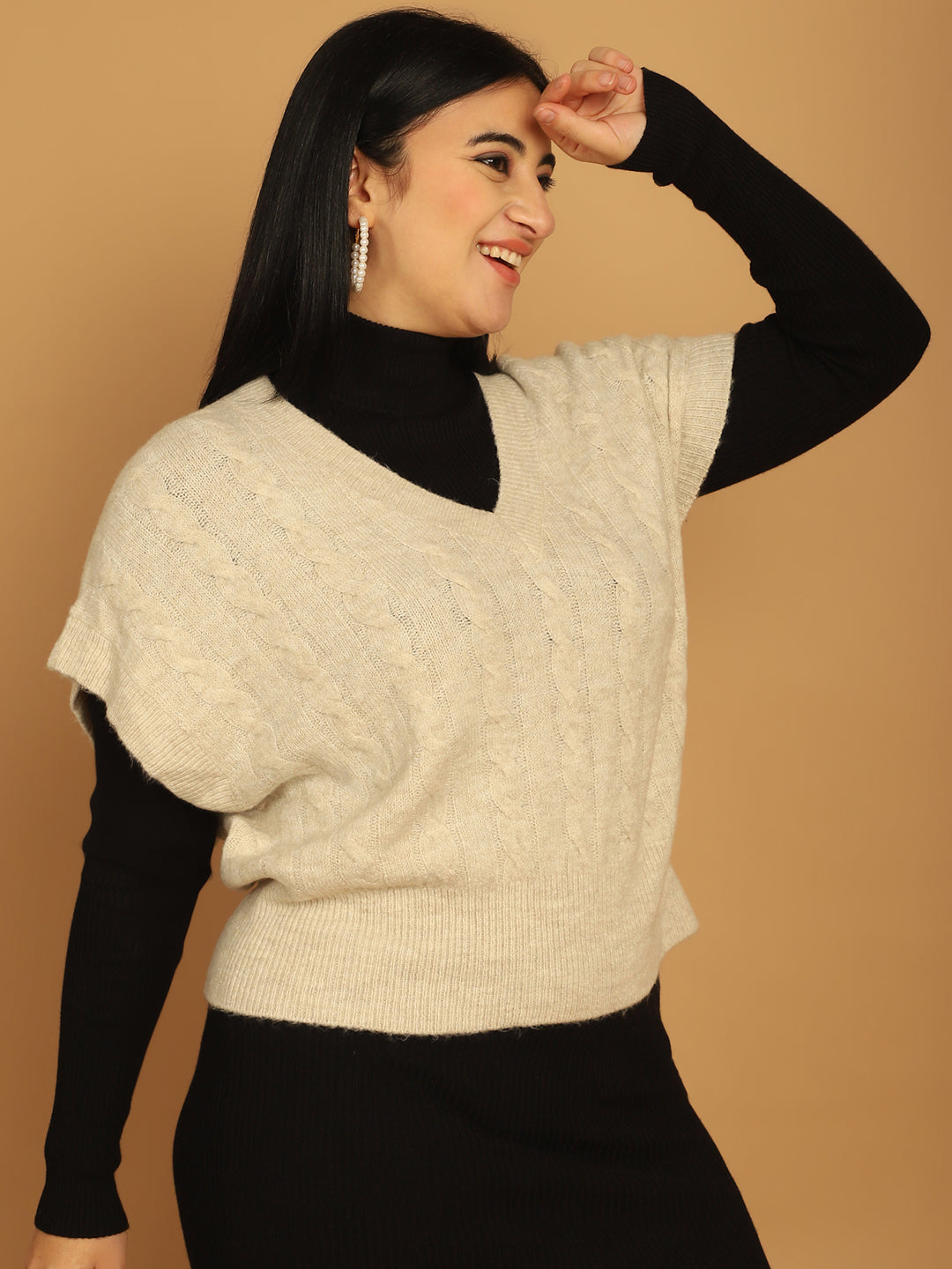 Women Beige V Neck Sweater