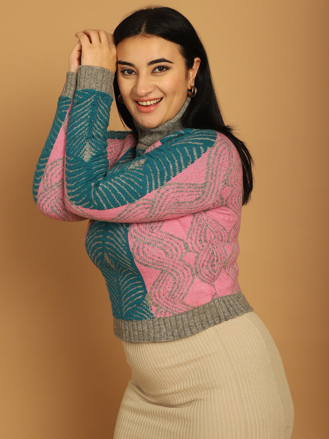 Women Pink Printed Sweater