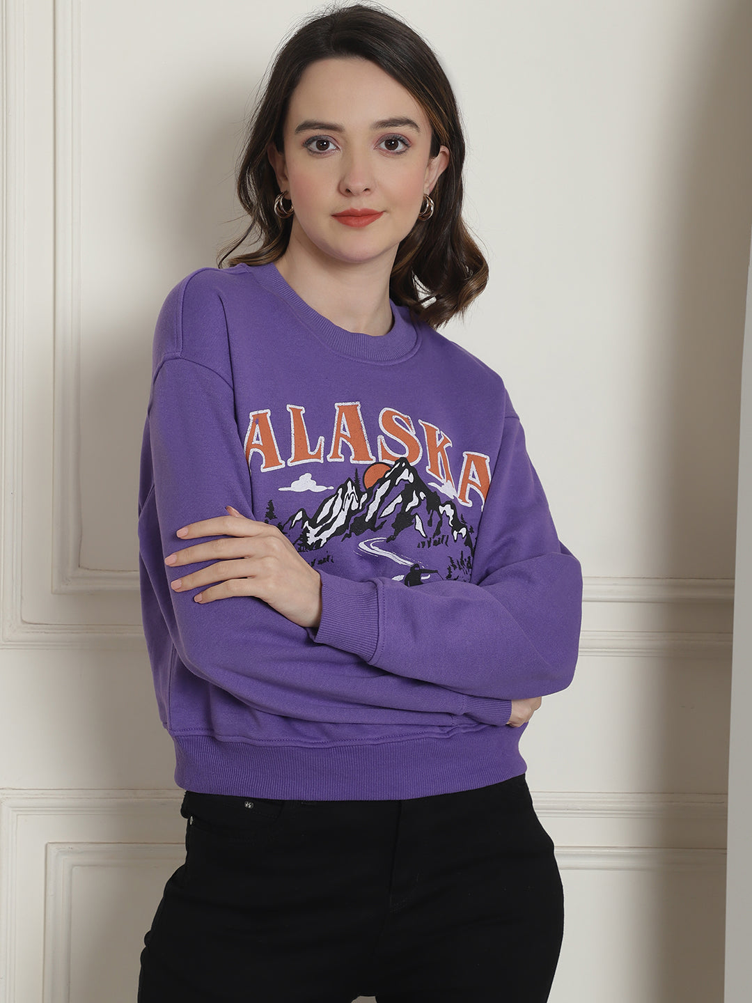 Women Purple Round Neck Sweatshirt