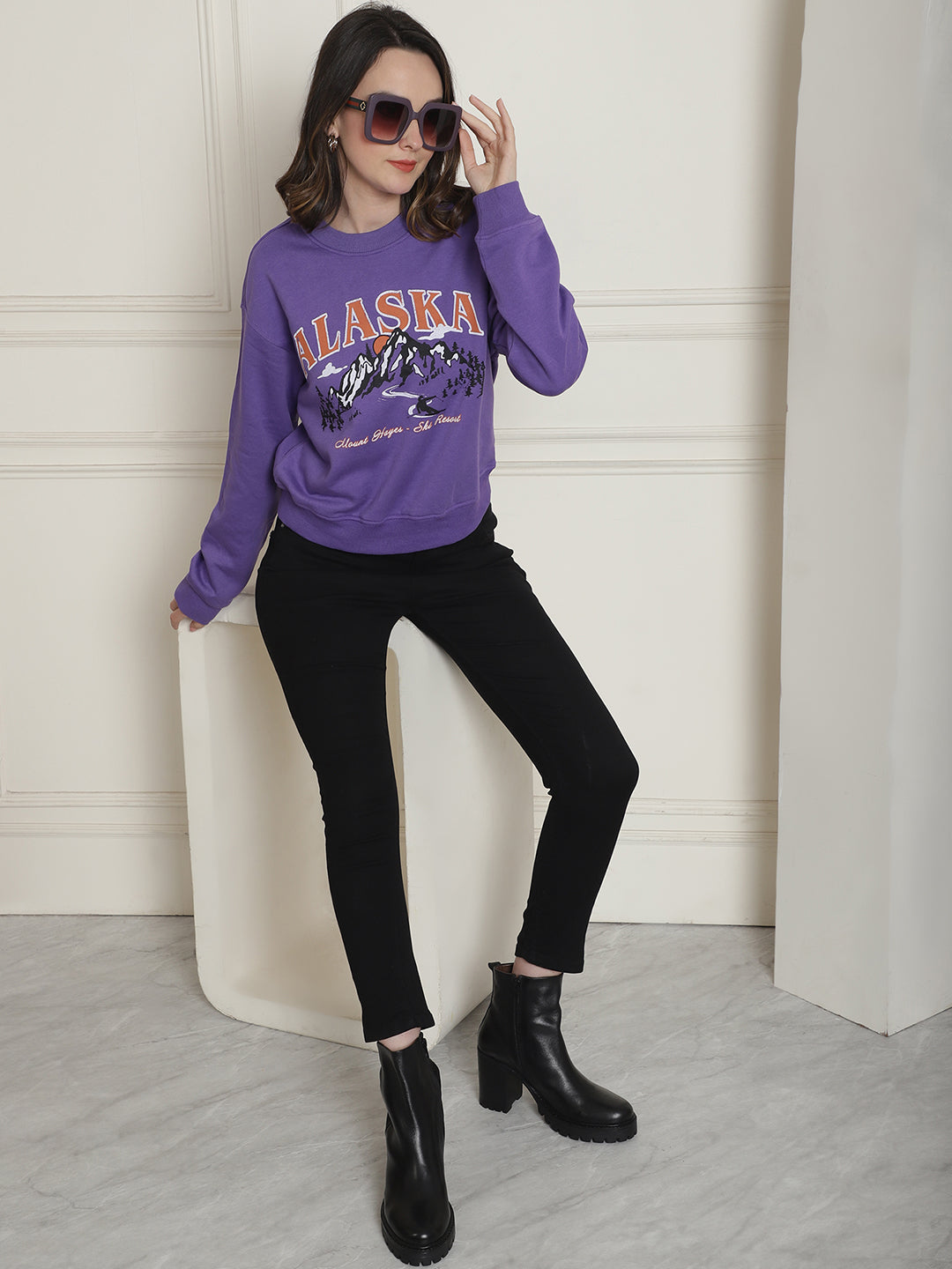 Women Purple Round Neck Sweatshirt