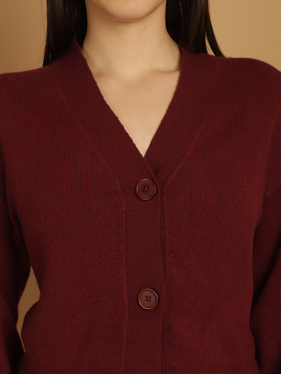 Women Wine V Neck Cardigan