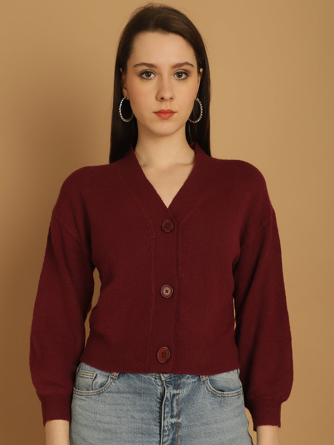 Women Wine V Neck Cardigan