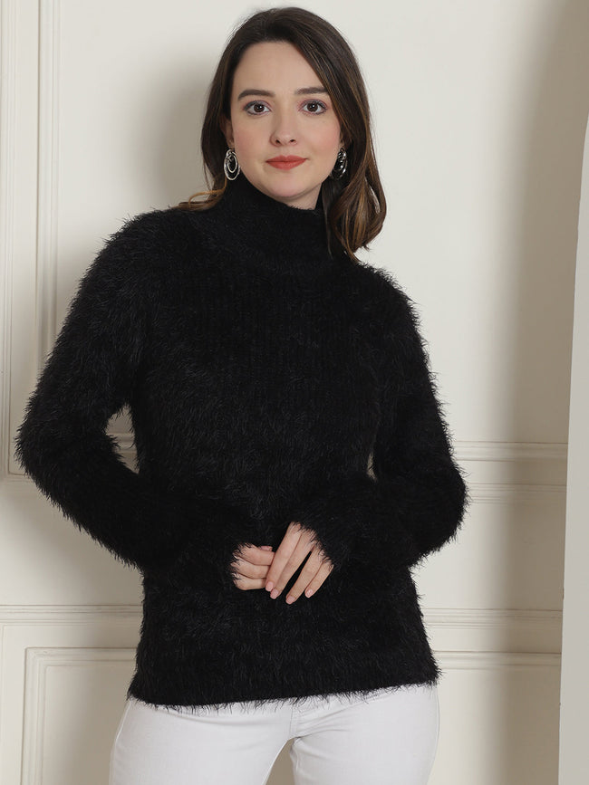 Women Black Fitted High Neck Sweater