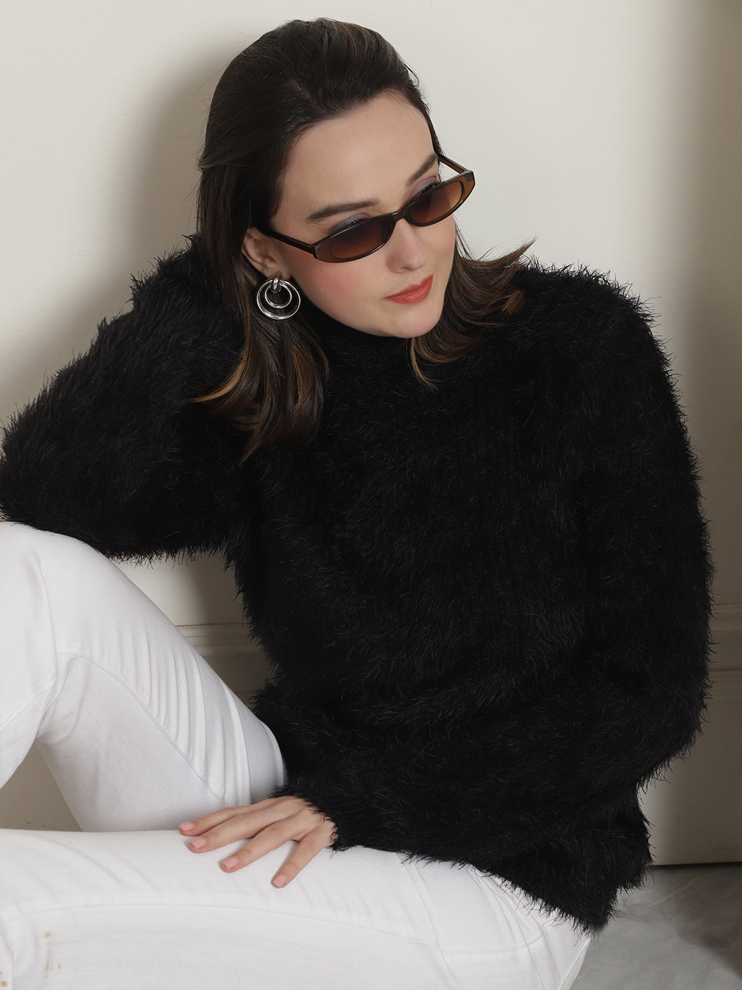 Women Black Fitted High Neck Sweater