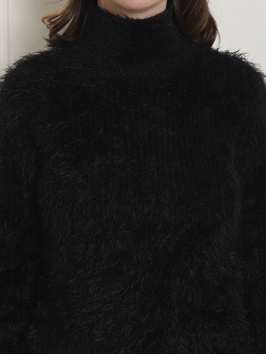 Women Black Fitted High Neck Sweater