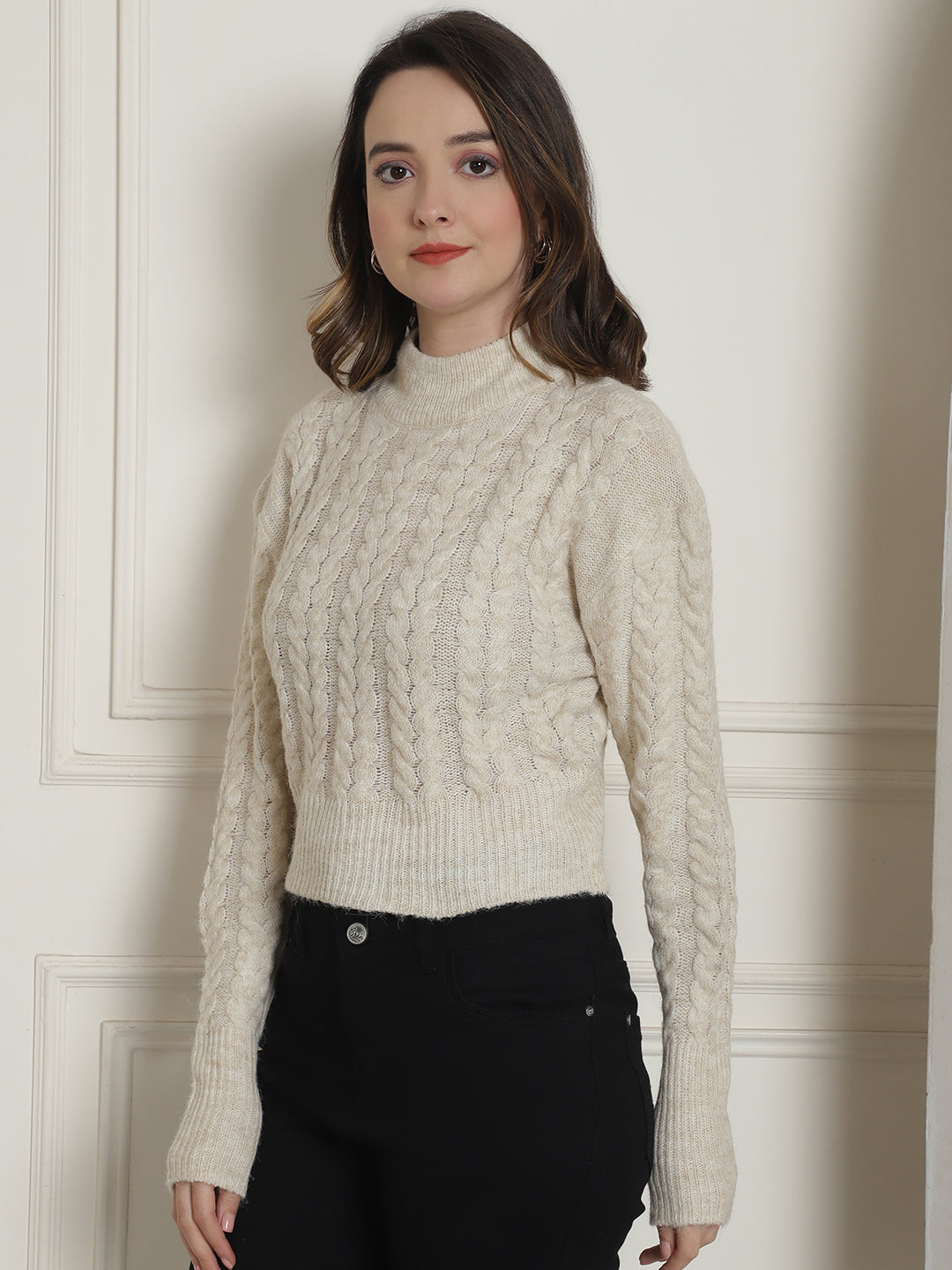 Women Light Beige Cable Knit