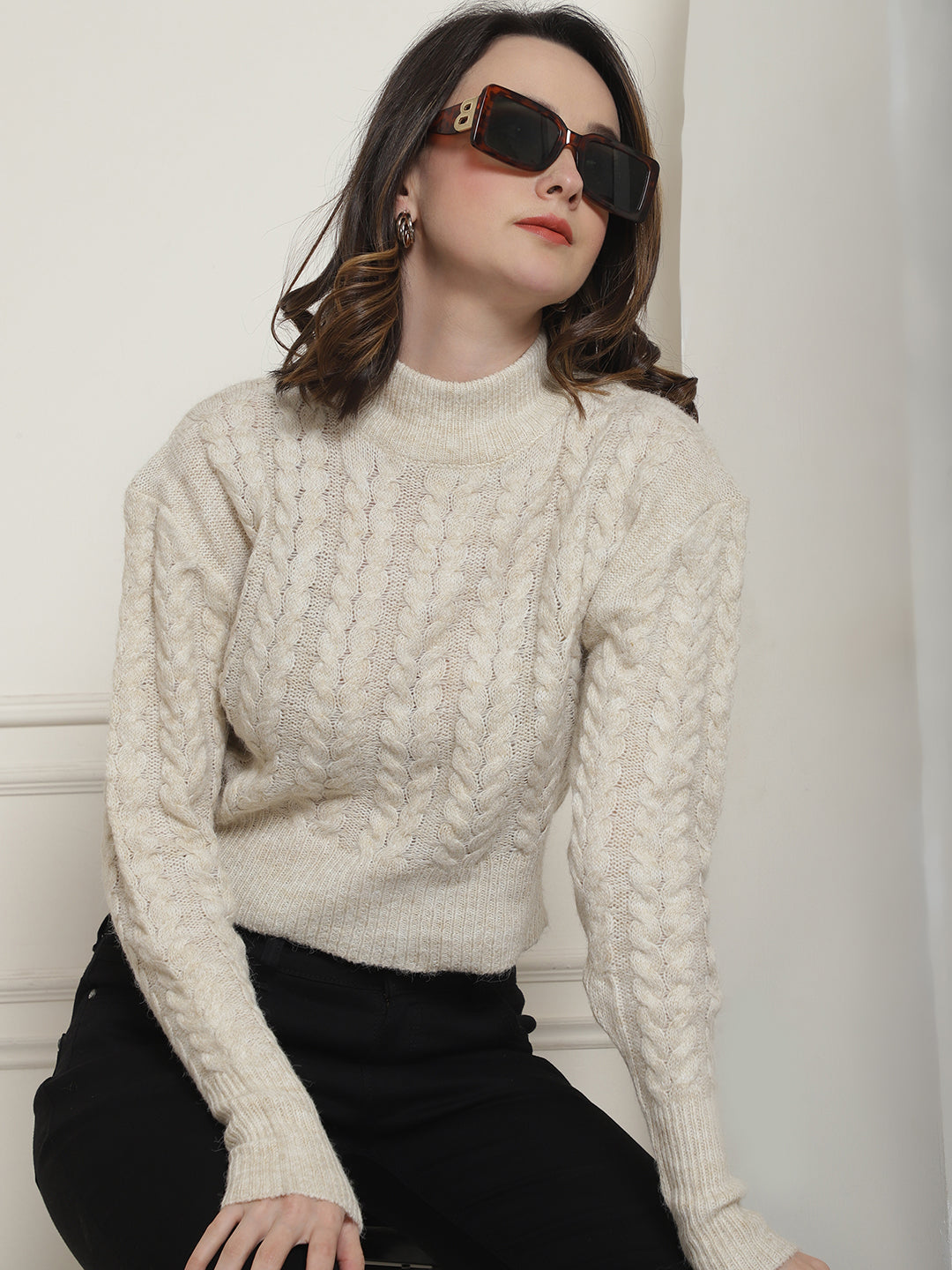 Women Light Beige Cable Knit